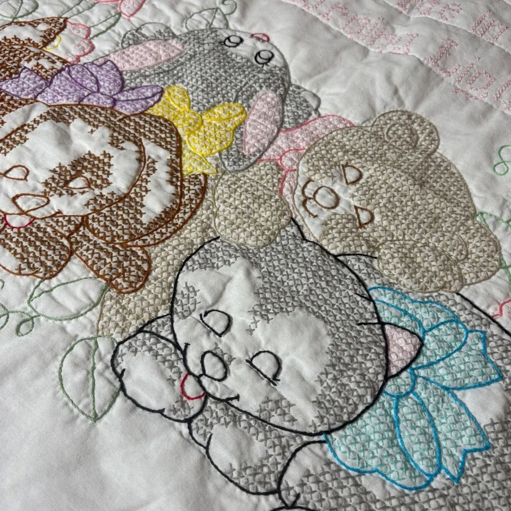 Vtg Hand Cross Stitch Baby Quilt Now I Lay Me Down to Sleep Animals Pastel